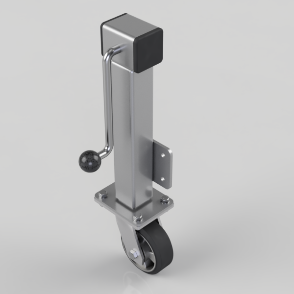 Metal trailer jack with a swivel caster wheel and hand-crank, mounted on a base plate.