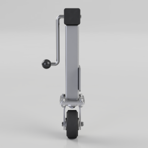Side view of a vertical hand truck/dolly with a large rear wheel, chrome crank handle on the left, and a padded top cap