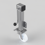 Industrial caster assembly with a vertical steel post, mounting plate, and a white wheel with a side brake lever.