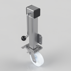 Industrial caster assembly with a vertical steel post, mounting plate, and a white wheel with a side brake lever.