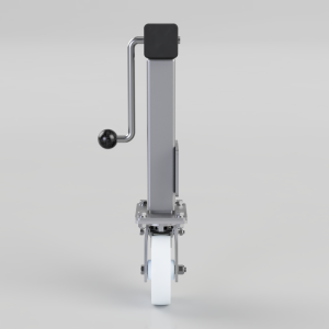 Vertical metal post on a wheeled base with a black top housing and a side handle knob.