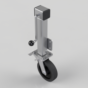 Industrial caster wheel with a locking brake on a steel mounting post for moving heavy equipment