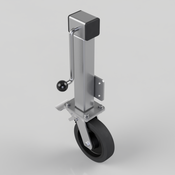 Industrial caster wheel with a locking brake on a steel mounting post for moving heavy equipment