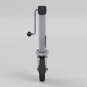 Vertical metal stand with a single wheel at the base and a curved hand crank on the side.