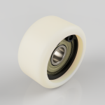 White polyurethane wheel with metal bearing, shown at an oblique angle on a light gray background.