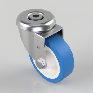 Blue caster wheel with a white inner rim mounted on a chrome swivel bracket and bolt, shown at an angle for furniture or cart use.