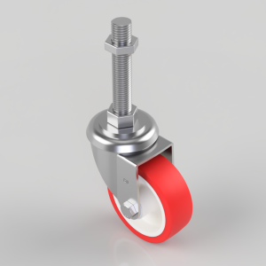 Caster wheel with red rubber tire and metal mounting hardware (threaded stem and nut) on a swivel bracket outside a gray background.