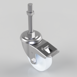 Metal swivel caster with threaded stem and locking brake lever on a shiny metal housing and white wheel.