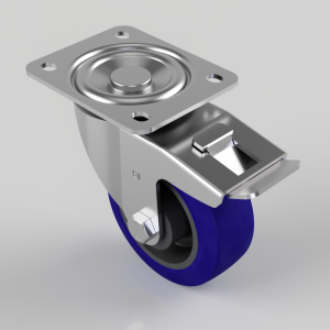 Blue Elastic Rubber 75ShoreA Plate Swivel Castor Brake 100mm 250kg Load