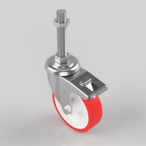 Caster wheel assembly with red rubber wheel and metal mounting bracket for furniture or equipment carts, including attachment bolt and nut above the wheel.