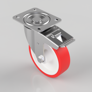 Industrial swivel caster wheel with a red rubber tire and metal mounting plate for carts or furniture, including a brake lever.