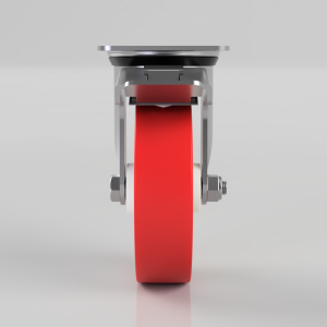 Caster wheel with a red polyurethane wheel and metal bracket viewed from the front, on a light gray background.