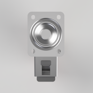 Front view of a metallic buzzer/sonic transducer with a square mounting plate and side connector