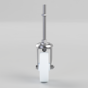 Front view of a caster wheel with a long threaded mounting stem for furniture attachment