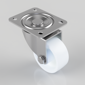 Swivel caster assembly with square metal mounting plate (four holes) and a white wheel.