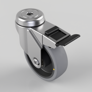 Swivel caster wheel with brake lever and grey polyurethane wheel on metal frame