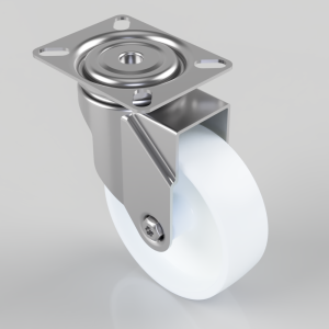 Swivel caster wheel with square mounting plate and white polyurethane wheel, made of metal.