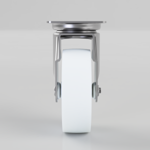 Front view of a metal roll holder with a large white roll secured by side arms in a chrome frame.
