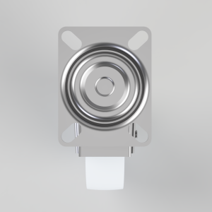 Close-up of a shiny circular metal knob mounted on a rectangular gray plate with rounded corners and a white lever beneath.