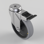 Swivel caster wheel with a foot-operated brake on a metal mounting plate and gray wheel.