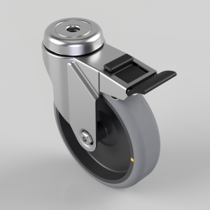 Swivel caster wheel with a foot-operated brake on a metal mounting plate and gray wheel.