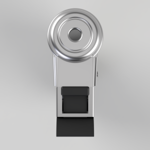 Front view of a silver mechanical device featuring a large circular disc on top and a black rectangular component at the base.