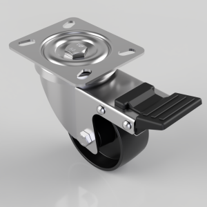 Swivel caster wheel with a metal mounting plate and a built-in brake lever.
