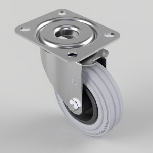 Swivel caster wheel with a square metal mounting plate and four mounting holes, gray polyurethane wheel and brake housing detail visible