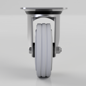 Front view of a heavy-duty caster wheel with a large gray wheel and metal mounting frame on a swivel bracket.