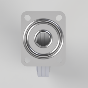 Rotary control knob mounted on a square gray plate with a central chrome ring and a white connector below it