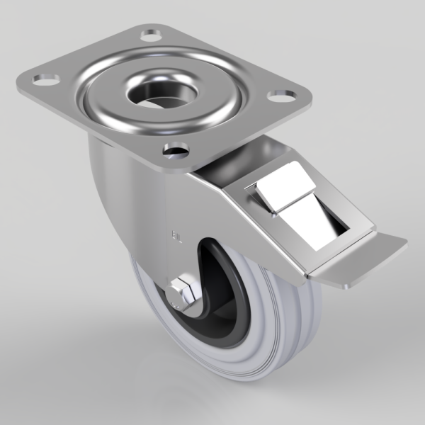 Swivel caster with a brake lever and square mounting plate, suitable for furniture or equipment carts.