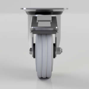 Front view of an industrial caster wheel with a gray tread, metal housing, and mounting axle/brake mechanism.