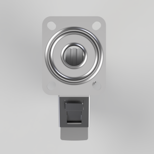Front view of a silver cam lock with a square mounting plate and a bottom latch.