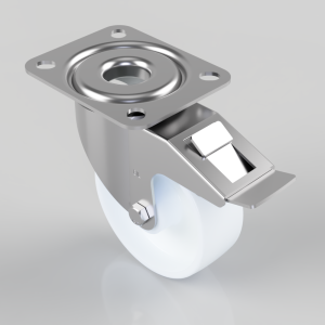 Swivel caster with a metal mounting plate and a side brake lever on a white wheel.