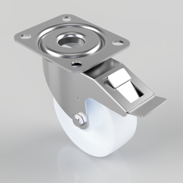 Swivel caster with a metal mounting plate and a side brake lever on a white wheel.