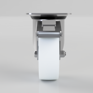 Front view of a metal swivel caster wheel with a white tire, mounted to a gray furniture leg.