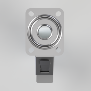 Metal push-button switch mounted on a square flange with a circular button and a surrounding concentric ring, plus a connector housing beneath.