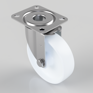 Swivel caster wheel with a square metal mounting plate and white polyurethane wheel