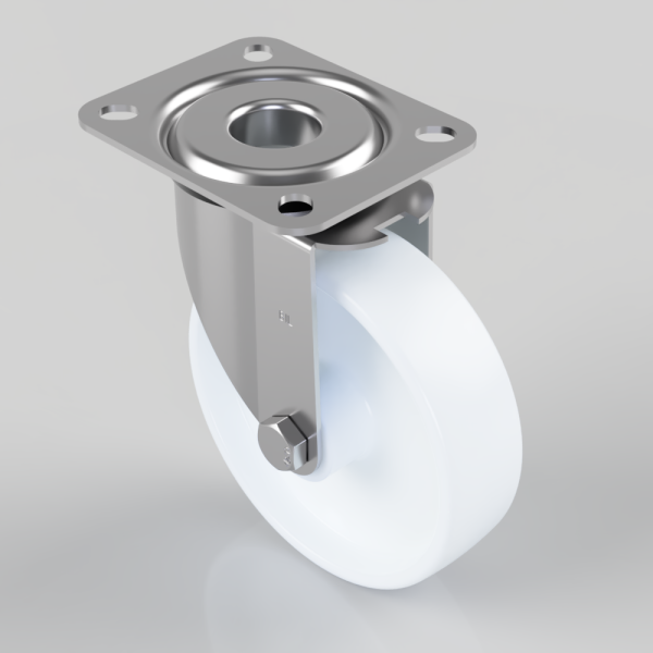 Swivel caster wheel with a square metal mounting plate and white polyurethane wheel