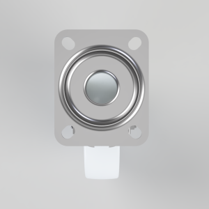 Silver circular push-button switch mounted on a gray square plate with four screw holes and a white actuator protruding downward