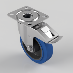 Blue Elastic Rubber 65ShoreA Plate Swivel Castor Brake 125mm 200kg Load