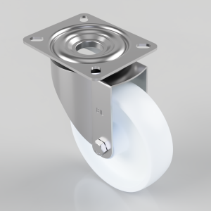 Swivel caster with four-hole mounting plate and white polyurethane wheel.
