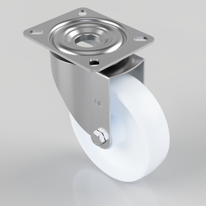 Swivel caster wheel with a square mounting plate and white wheel on a metal bracket (industrial caster).