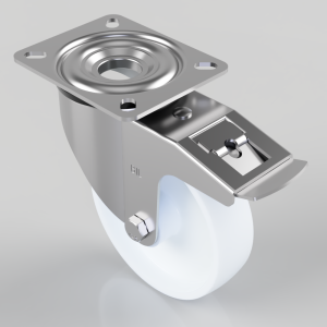 Caster wheel with a square mounting plate and built-in brake mechanism for locking movement.