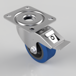 Swivel caster wheel with a blue wheel and built-in brake mechanism on a metal mounting plate, viewed from above.