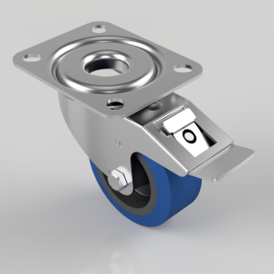 Swivel caster wheel with a blue wheel and built-in brake mechanism on a metal mounting plate, viewed from above.