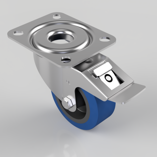 Swivel caster wheel with a blue wheel and built-in brake mechanism on a metal mounting plate, viewed from above.