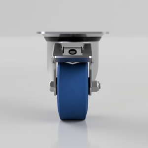 Front view of a swivel caster wheel with a blue rubber wheel and metal mounting plate.