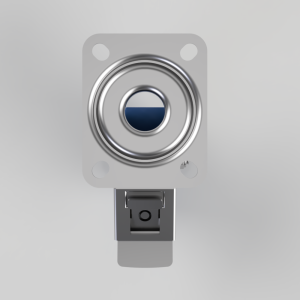Metal doorbell with a circular chrome ring and blue inner button on a gray mounting plate