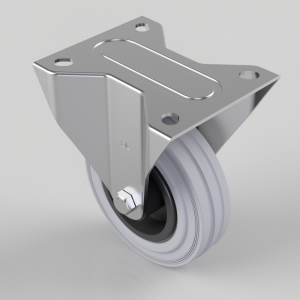 Metal caster wheel with rectangular mounting plate and four holes; swiveling gray wheel for carts or equipment.